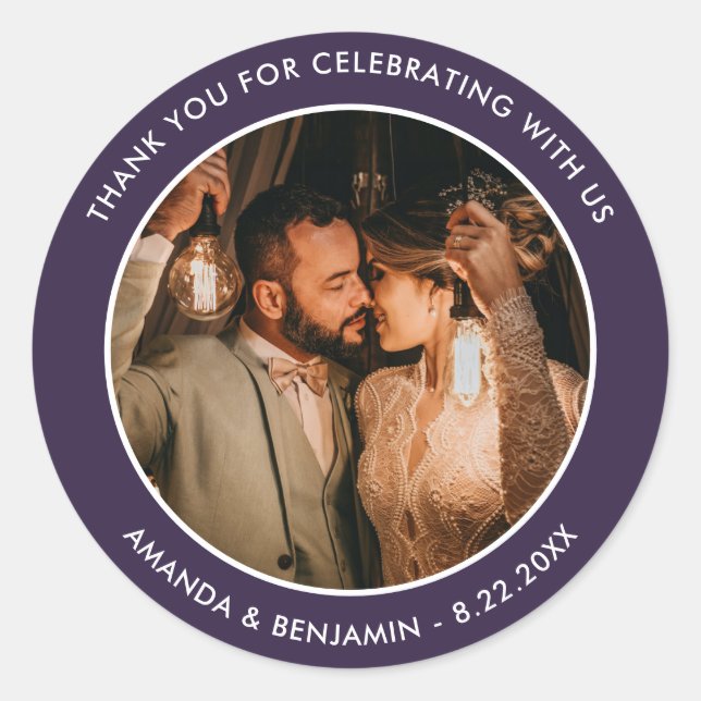 Purple Modern Thank You Photo Wedding Classic Round Sticker (Front)