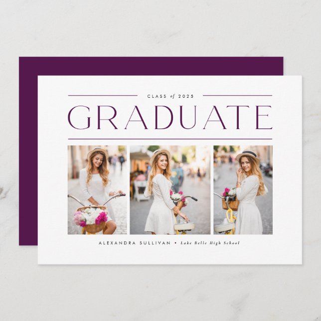 Purple Modern Typography Photo Collage Graduation Invitation (Front/Back)