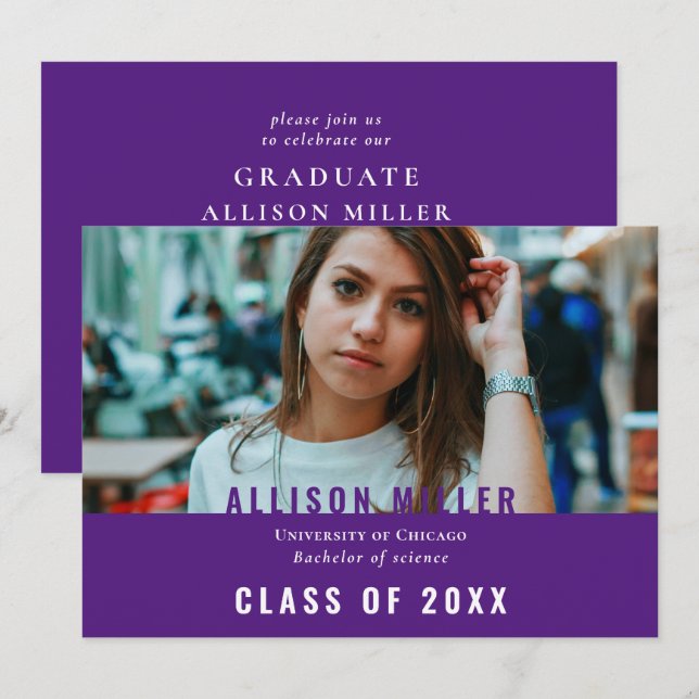 Purple Modern Typography Photo Graduation Party  Invitation (Front/Back)