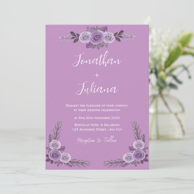 Purple Modern Wedding Invitation (Standing Front)
