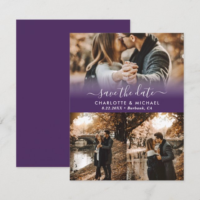 Purple Modern Wedding Photo Save The Date Cards (Front/Back)
