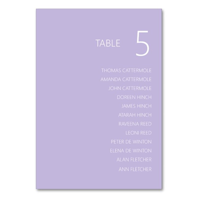 Purple Modern Wedding Table Number Card With Names (Front)