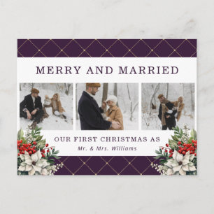 Purple Modern Winter Botanicals Photo Newlywed Holiday Postcard