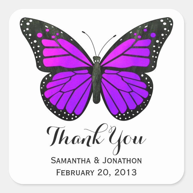 Purple Monarch Butterfly Wedding Thank You Square Sticker (Front)