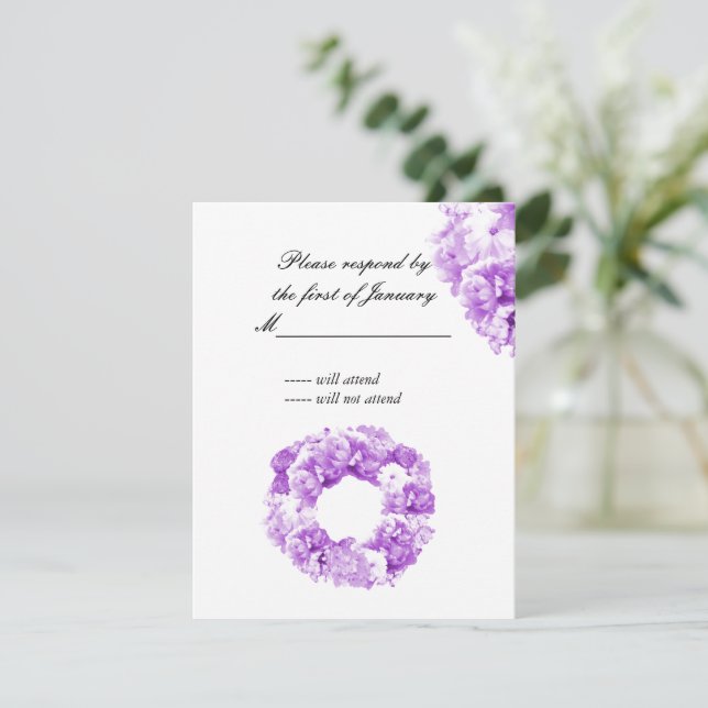 Purple Monochromatic Wreath of Florals Reply Card (Standing Front)