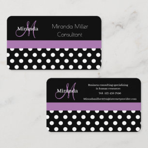 Purple Monogram Black White Polka Dot Business Card