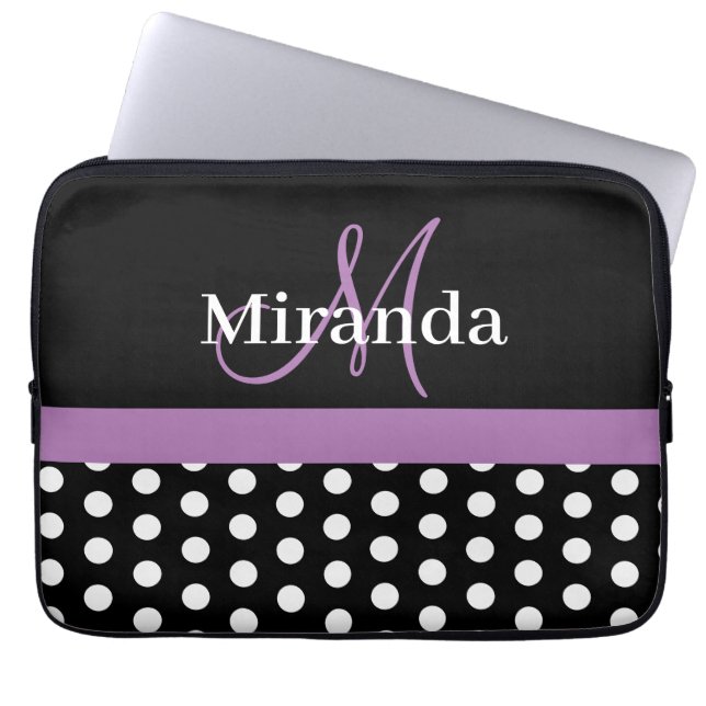 Purple Monogram Black White Polka Dot Laptop Sleeve (Front)