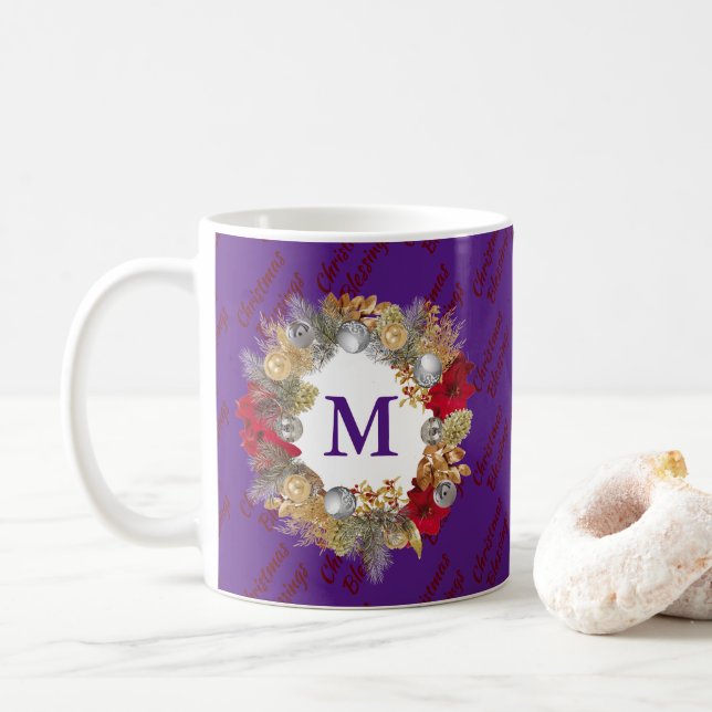Purple Monogram Christmas Wreath Coffee Mug (With Donut)