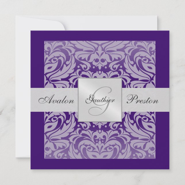 Purple Monogram Damask Border Invitation (Front)