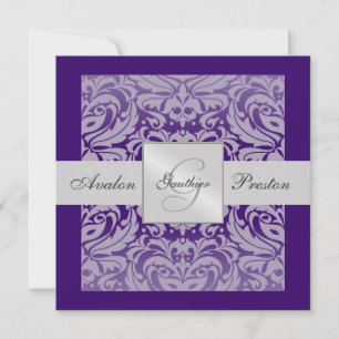 Purple Monogram Damask Border Invitation