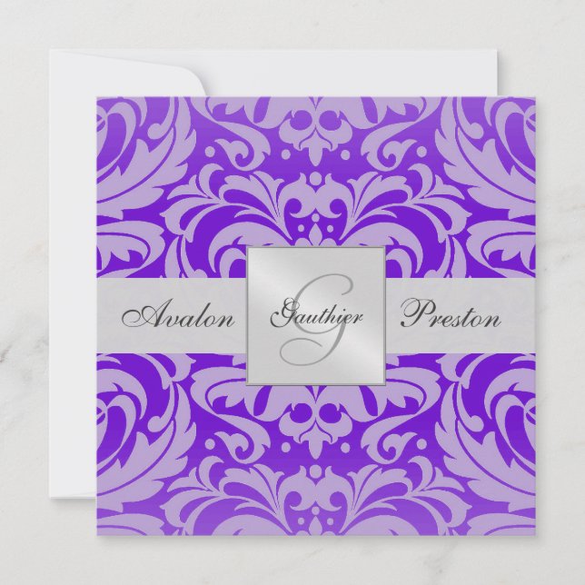 Purple Monogram Damask Wedding Invitation (Front)