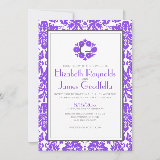 Purple Monogram Damask Wedding Invitations (Front)