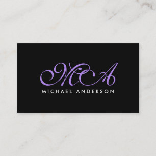 Purple Monogram Elegant Script Black Background Business Card