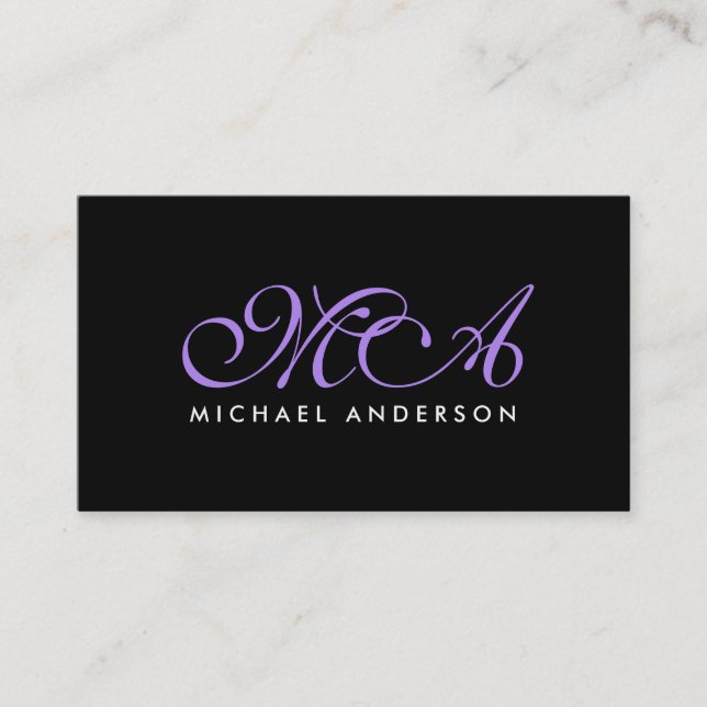 Purple Monogram Elegant Script Black Background Business Card (Front)