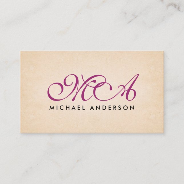 Purple Monogram Elegant Script Paper Background Business Card (Front)