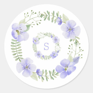 Purple Monogram Floral Watercolor Elegant Classic Round Sticker