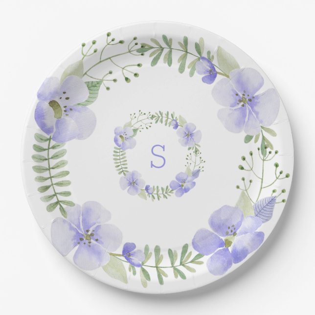 Purple Monogram Floral Watercolor Elegant Wedding Paper Plate (Front)