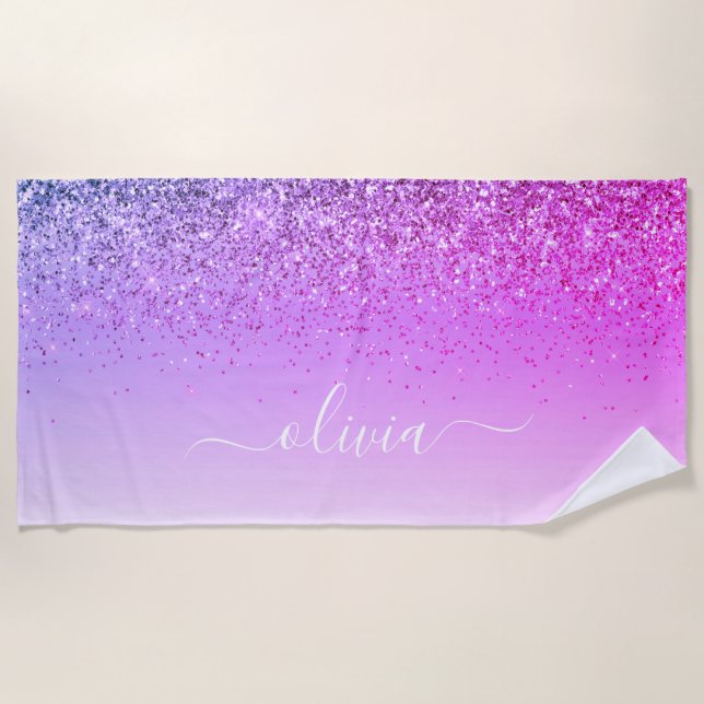 Purple Monogram Glitter Sparkle Girly Script Beach Towel (Front)