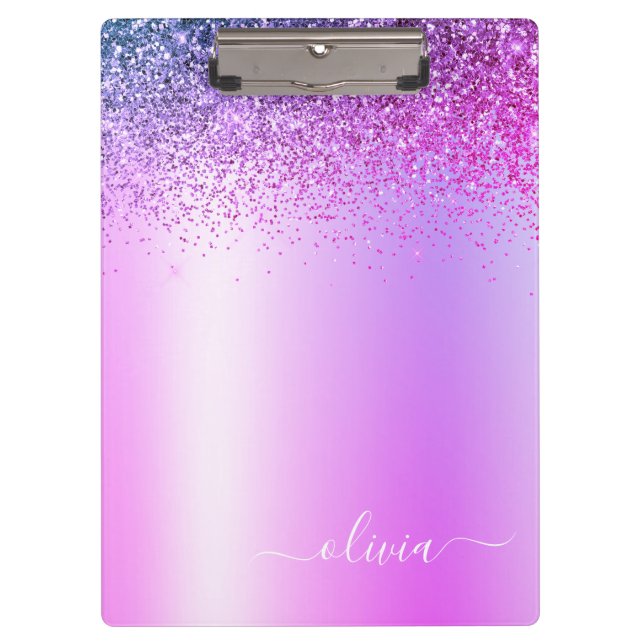 Purple Monogram Glitter Sparkle Girly Script Clipboard (Front)