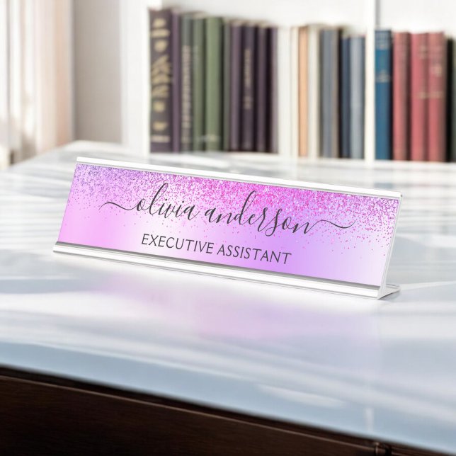 Purple Monogram Glitter Sparkle Girly Script Desk Name Plate (Creator Uploaded)