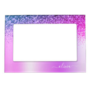 Purple Monogram Glitter Sparkle Girly Script Magnetic Frame