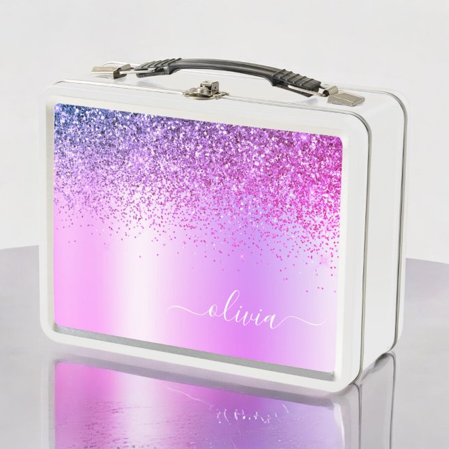 Purple Monogram Glitter Sparkle Girly Script Metal Lunch Box (Creator Uploaded)