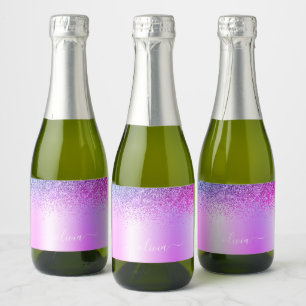 Purple Monogram Glitter Sparkle Girly Script Sparkling Wine Label