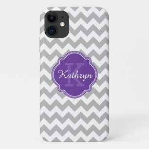 Purple Monogram Grey Chevron Pattern iPhone 11 Case