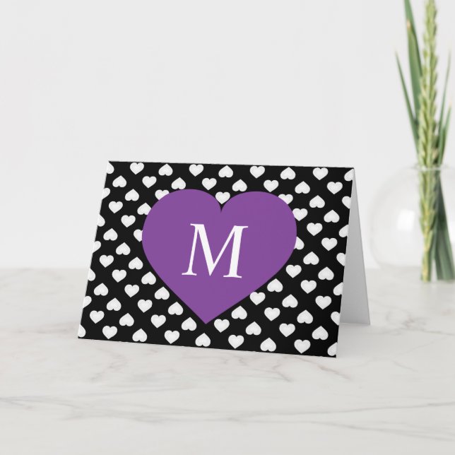 Purple Monogram Heart and White Hearts Pattern Note Card (Front)