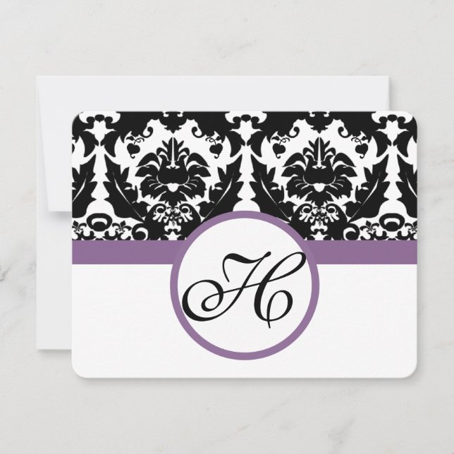 Purple Monogram Heart Damask Grape Trim RSVP (Front)