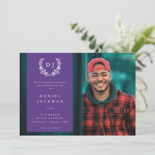 Purple Monogram Laurel Wreath Graduation Photo Announcement (Standing Front)