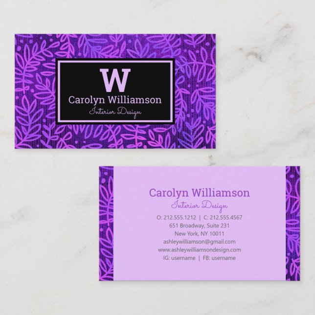 Purple monogram leaf pattern botanical modern bold business card (Front/Back)