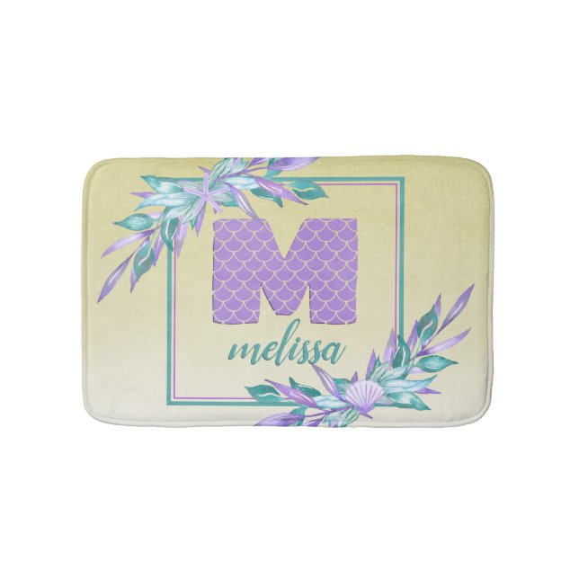 Purple Monogram Mermaid Scales Watercolor Ombre Bath Mat (Front)