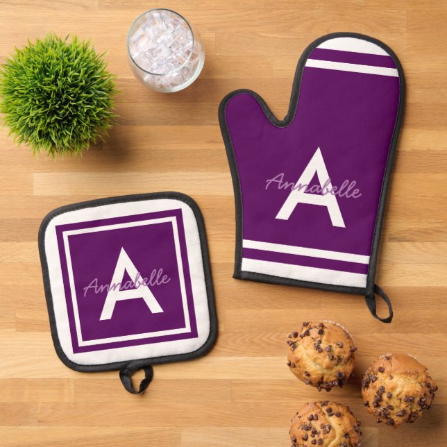 Purple Monogram Personalised Oven Mitt & Pot Holder Set (Top Down)