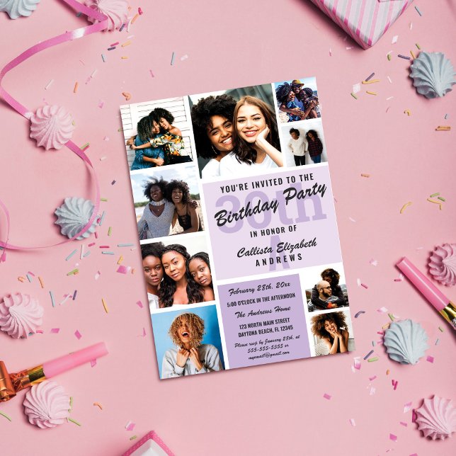 Purple Monogram Photo Collage Happy Birthday Invitation (Creator Uploaded)