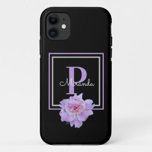 Purple Monogram Pink Peony Flower Black iPhone 11 Case