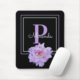 Purple Monogram Pink Peony Flower Black Mouse Mat