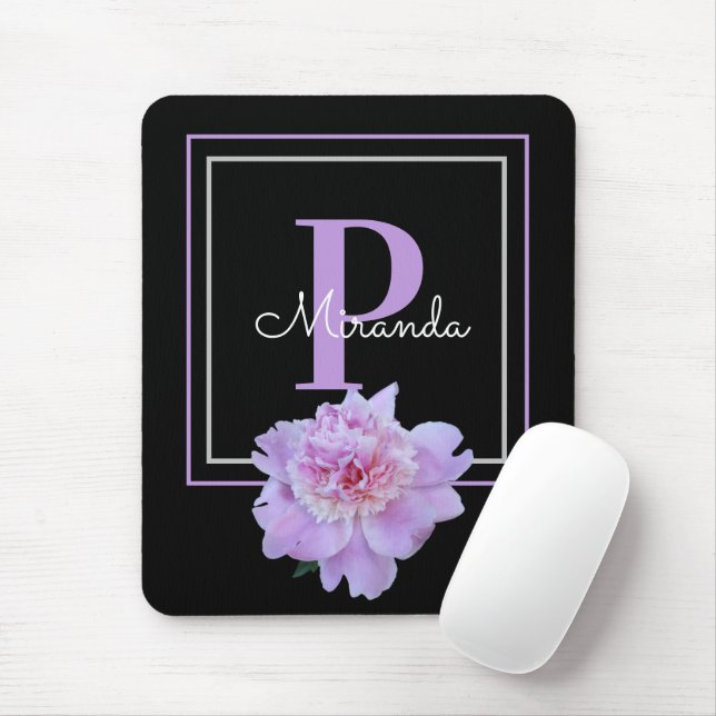 Purple Monogram Pink Peony Flower Black Mouse Mat (With Mouse)
