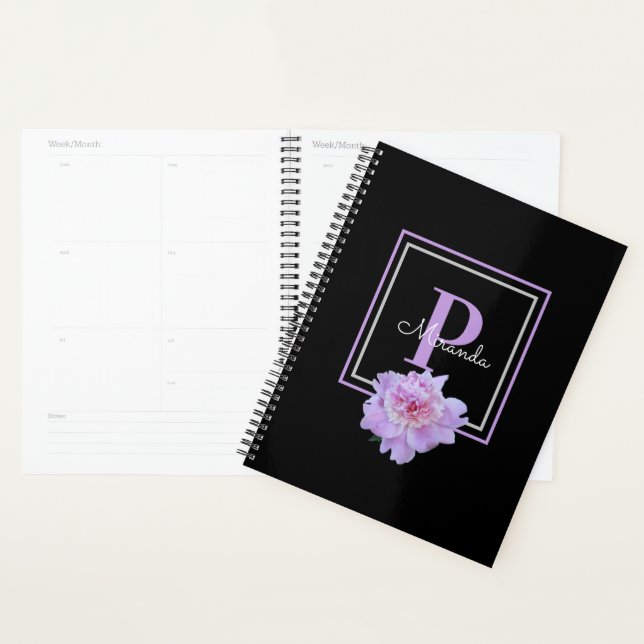 Purple Monogram Pink Peony Flower Black Planner (Display)