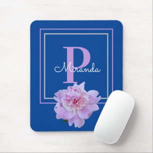 Purple Monogram Pink Peony Flower Blue Mouse Mat