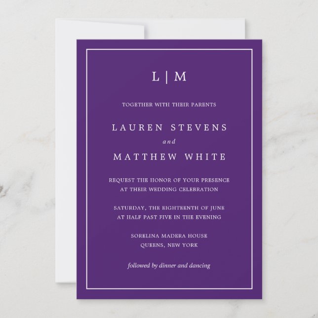 Purple Monogram Simple Wedding Invitation (Front)