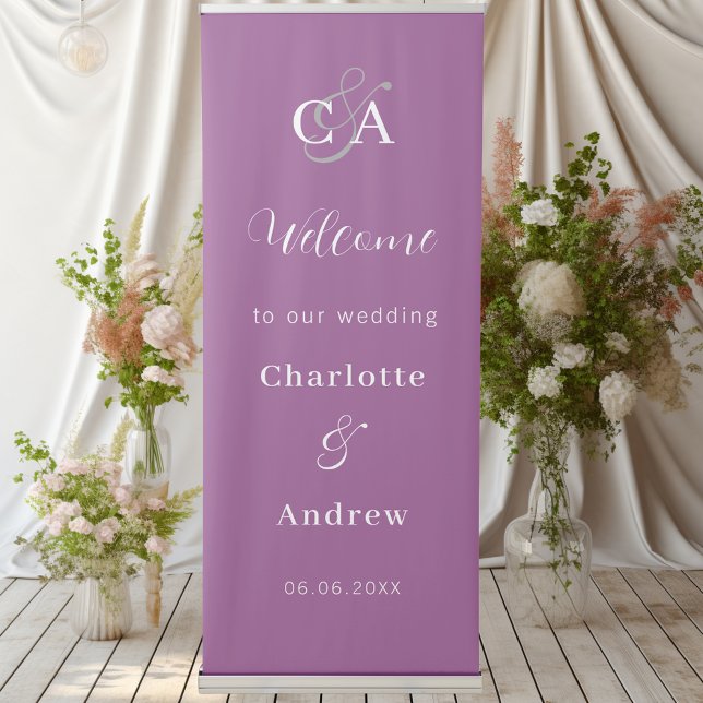 Purple monogram simple wedding welcome retractable banner (Creator Uploaded)