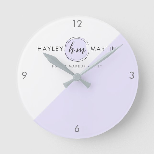 Purple Monogram Style Custom Logo Business Round Clock (Front)