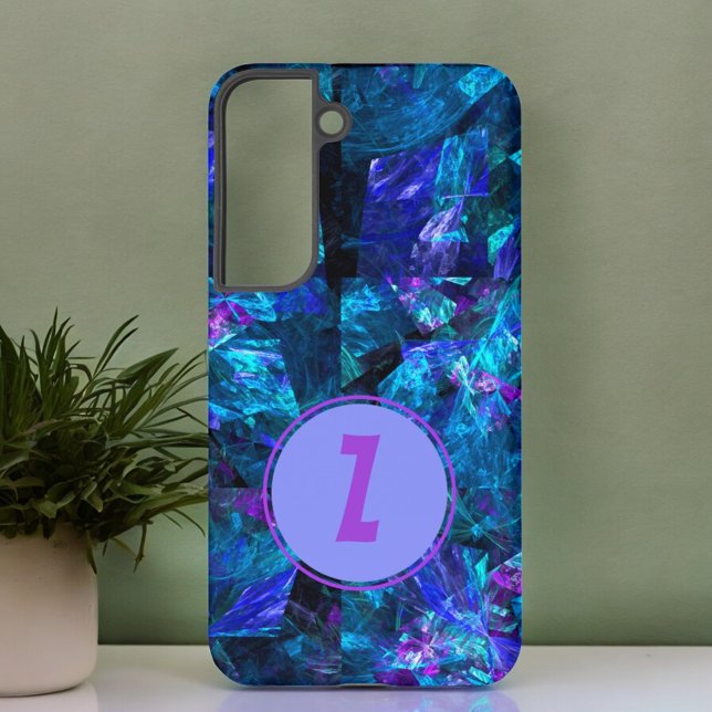 Purple Monogram Stylish Blue Abstract Template Samsung Galaxy S22 Case (samsung phone case back with monogram in circle)