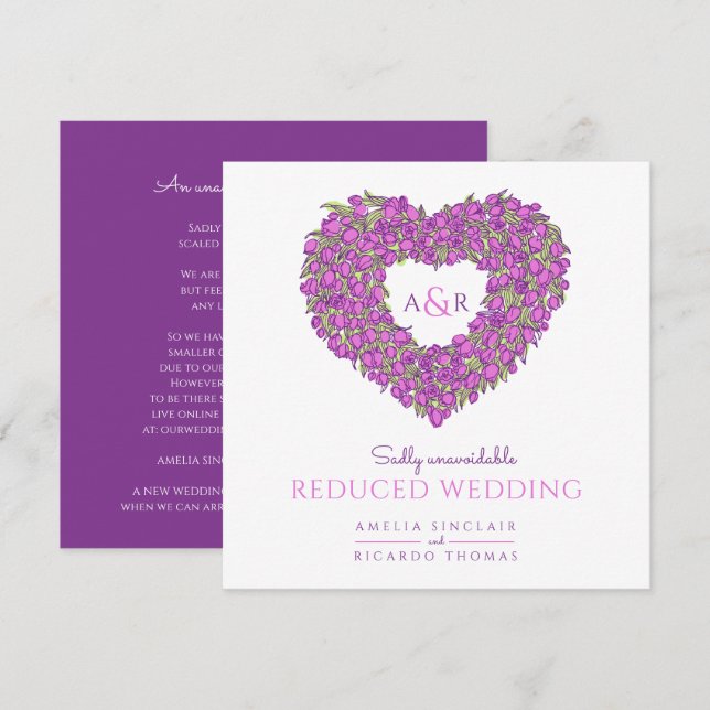 Purple monogram tulips heart reduced wedding announcement (Front/Back)
