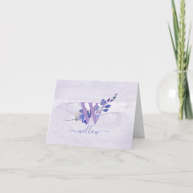 Purple Monogram Watercolor Personalised Stationery Thank You Card (Front)