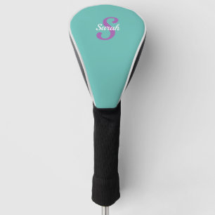 Purple Monogram & White Name on Light Teal Golf Head Cover