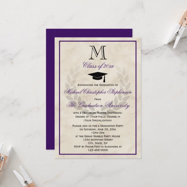 Purple Monogram Wreath Classic College Graduation Invitation (Front/Back In Situ)