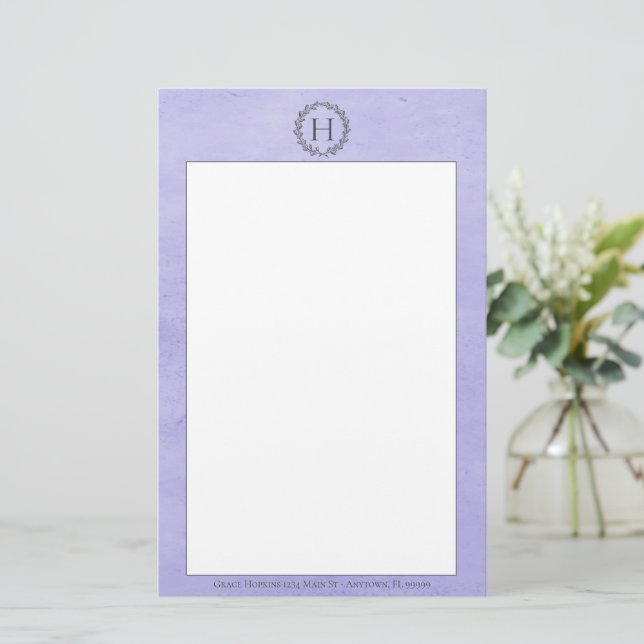 Purple Monogram Wreath Stationery (Standing Front)
