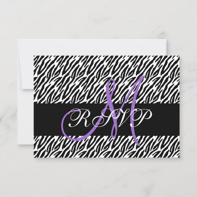 Purple Monogram Zebra Print Wedding RSVP Card (Front)